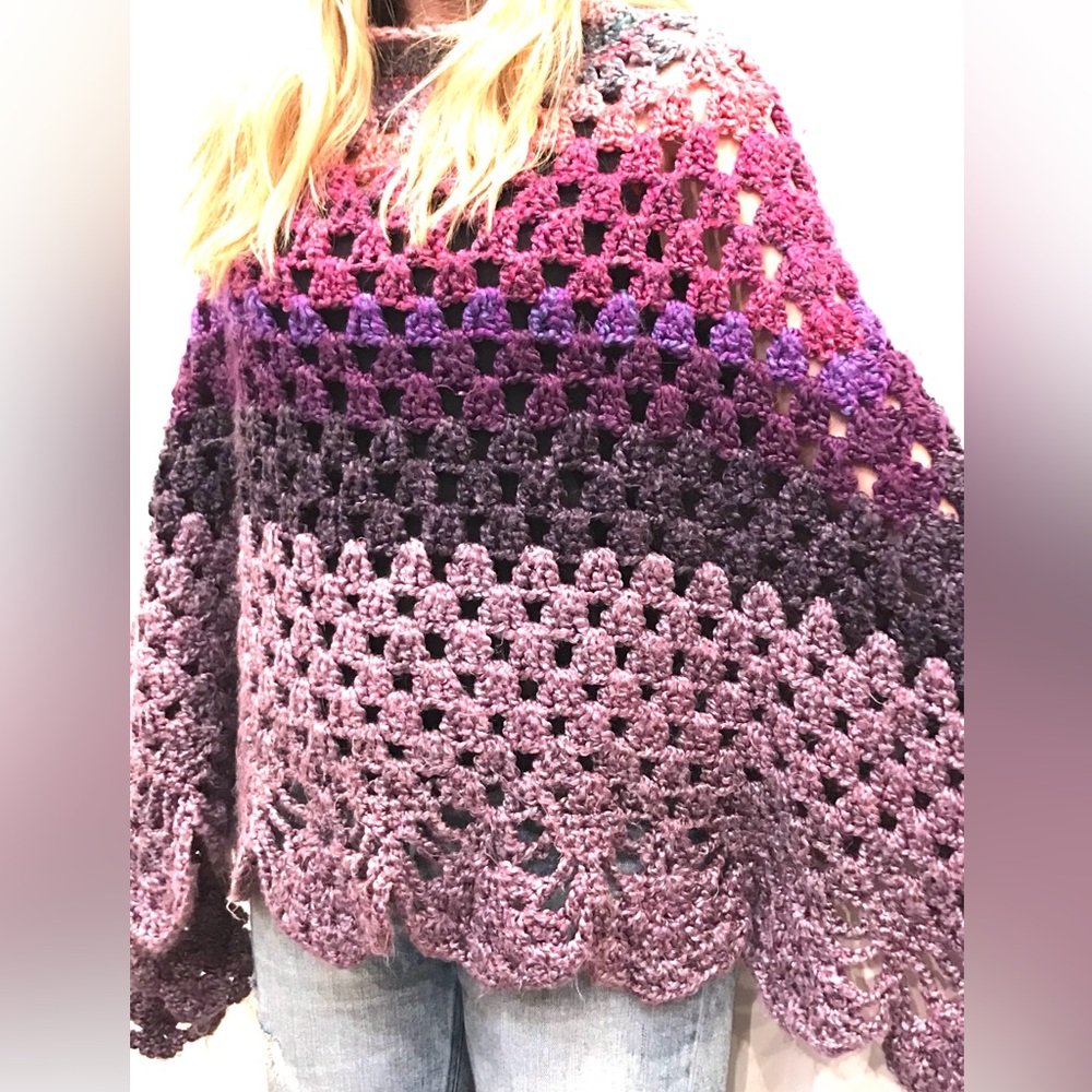 Multicolored Knitted Poncho Shawl (O/S)